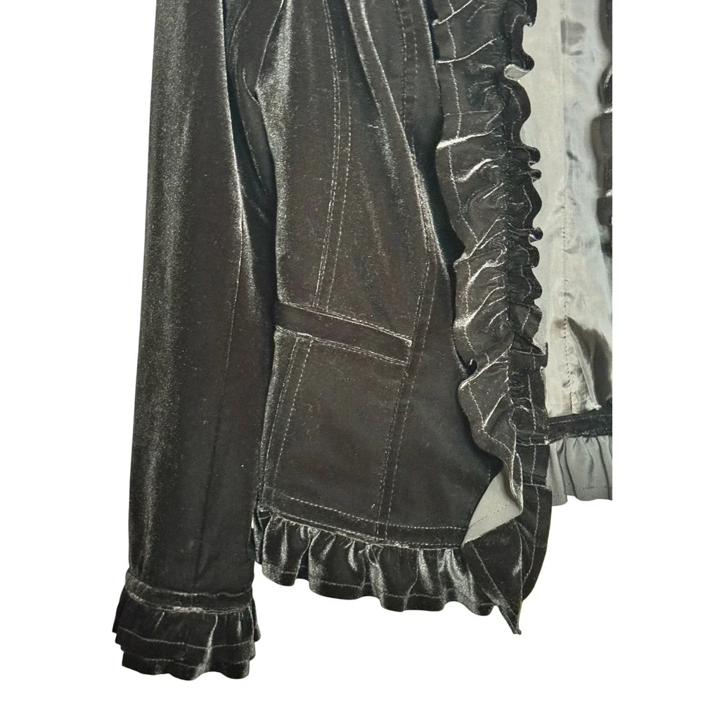 INC Black Velvet Goth Romantic Ruffle Blazer M Jacket Equestrian Riding Fairy - Picture 12 of 16